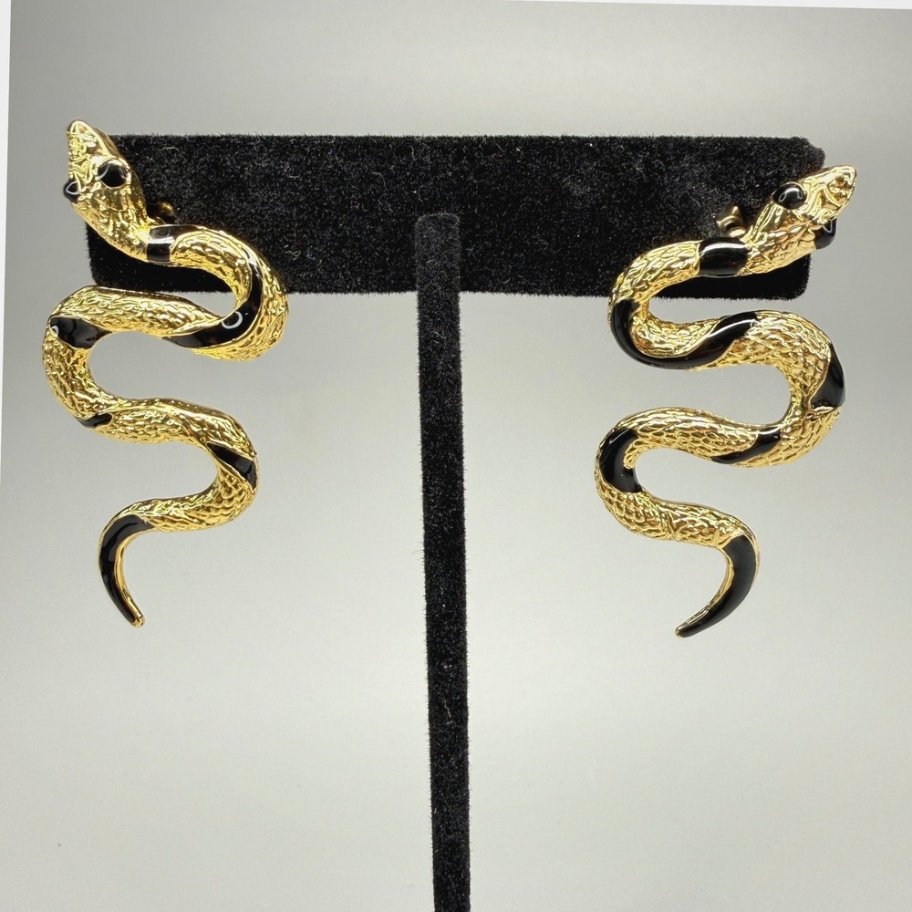 Vintage Snake Earrings Gold Tone Black Enamel Egyptian Revival